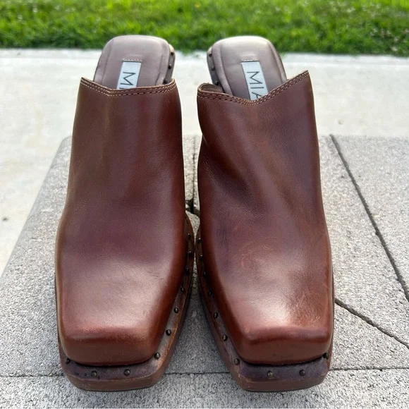 MIA Wooden Leather Studded Platform Heel Mule Clog Shoes Brown 10 - Picture 4 of 16